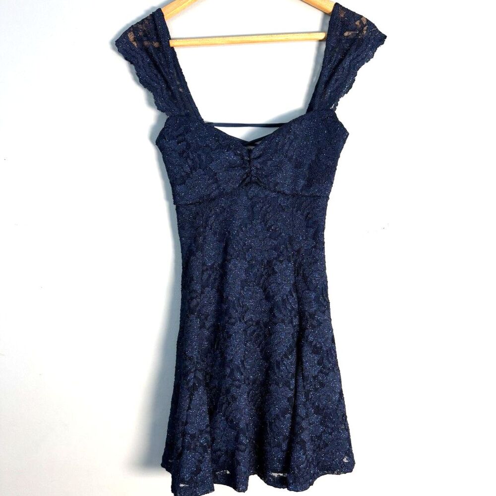Navy Blue Glitter Lace Fit & Flare Mini Dress Size S Lace-Up Back Homecoming